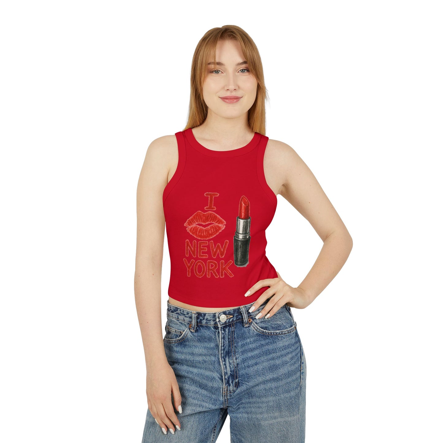 I Love New York Lipstick Racer Tank Top, Women's Fashion Top, Summer Essential, Travel Souvenir, Gift for New Yorkers, Cute Crop Top, [...]